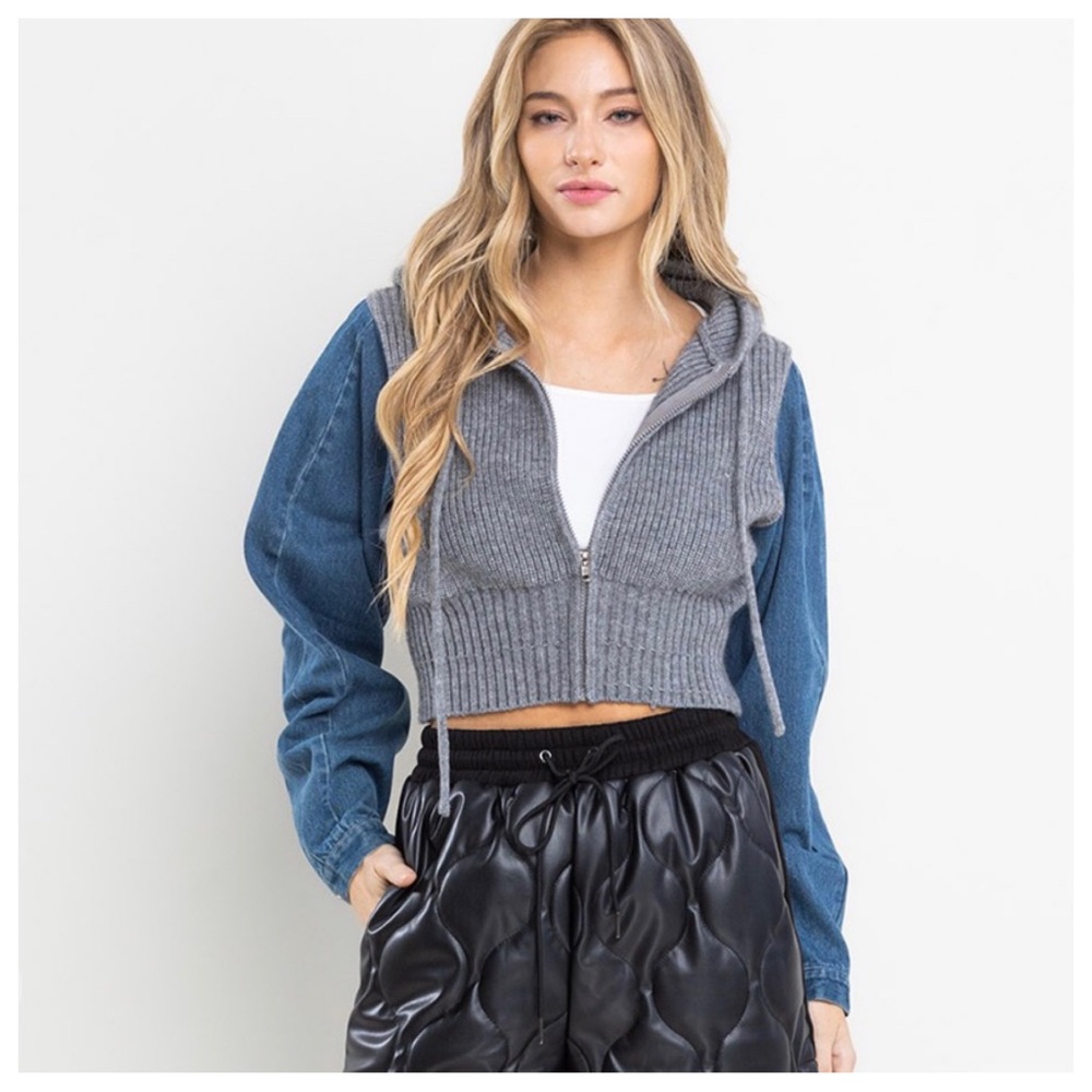 Rib Knit and Denim Contrast Crop Hoodie Jacket - Picture 1 of 6